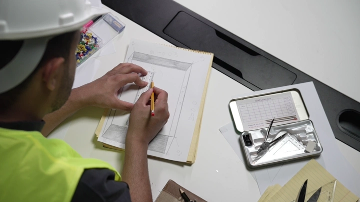 رجل يرسم مخططًا على مكتب، لقطة علوية.
