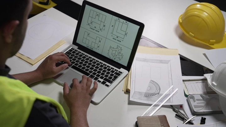 مخططات هندسية على لابتوب في مكتب، لقطة من الأعلى.