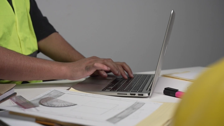 شخص يعمل على لابتوب مع مخططات هندسية، لقطة مقربة.