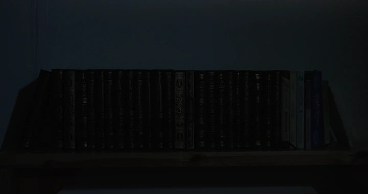 مجموعة كتب على رف خشبي في إضاءة خافتة، لقطة ثابتة.