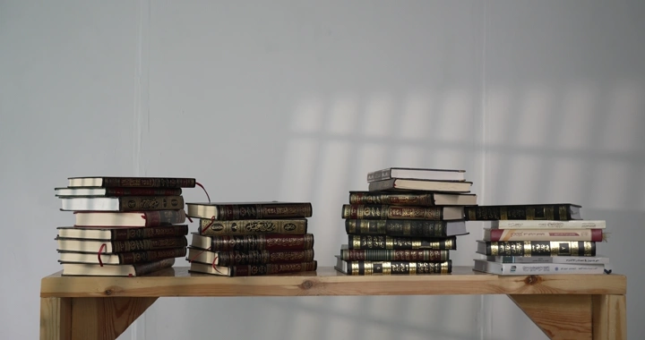 كتب مرتبة على رف خشبي مع رجل يقرا ، إضاءة طبيعية.