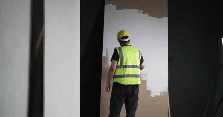 عامل يطلي جدارًا في غرفة داخلية، لقطة من الخلف.