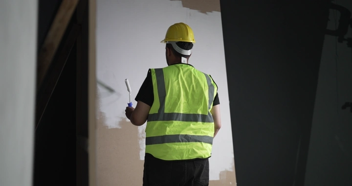 رجل يرتدي سترة أمان يطلي جدارًا في الداخل، لقطة من الخلف.