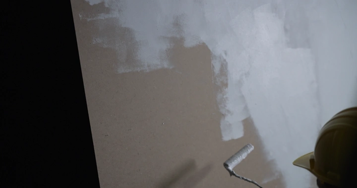 رجل يطلي الجدار باللون الأبيض، لقطة مقربة.