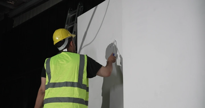 رجل يطلي جدارًا أبيض في الداخل، لقطة من الخلف.