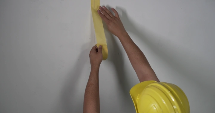 عامل يضع شريط لاصق على الجدار، لقطة مقربة.