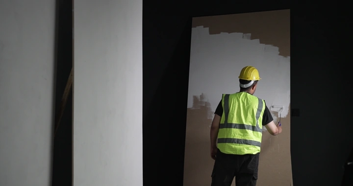 عامل يرتدي سترة صفراء وخوذة يطلي جدارًا في غرفة مظلمة، لقطة جانبية.