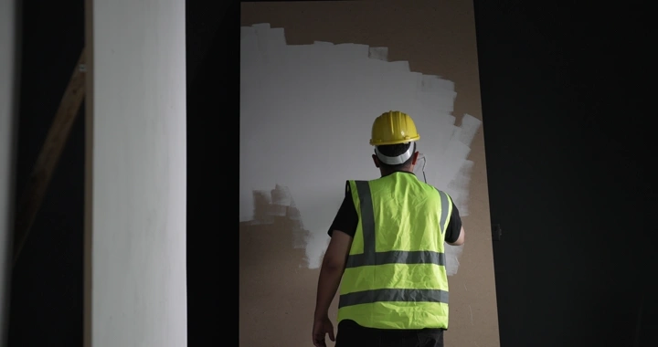 رجل يرتدي سترة أمان يطلي جدارًا، لقطة داخلية.