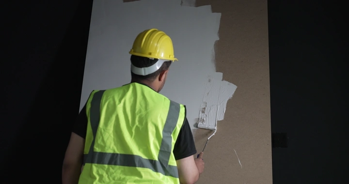 رجل يطلي جدارًا باللون الأبيض، لقطة داخلية.