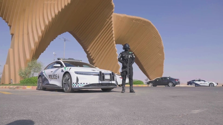 شرطي بجانب سيارة شرطة أمام هيكل معماري في النهار، لقطة من الأرض.