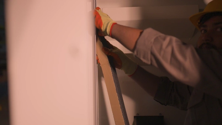 عامل يرتدي خوذة وقفازات يعمل في مصنع، لقطة مقربة.