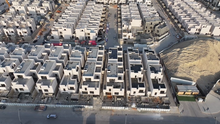 Clustered houses in Al-Narjis neighborhood, aerial shot.