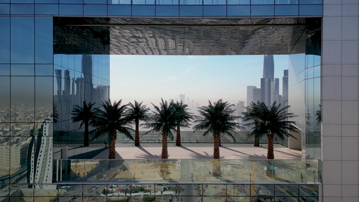 أشجار نخيل في شرفة زجاجية بالرياض، لقطة جوية.