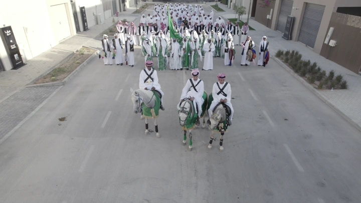 موكب احتفالي في شارع، لقطة جوية.