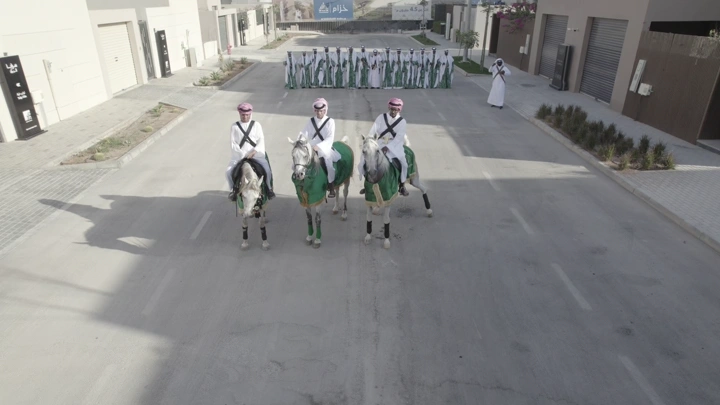 فرسان على خيول في شارع خلال احتفال، لقطة جوية.