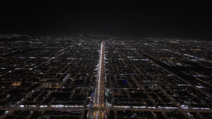 Riyadh streets at night, aerial shot.