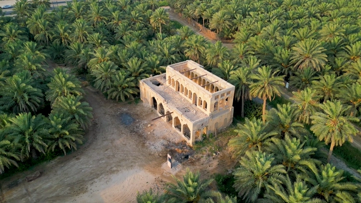 قصر قديم وسط مزرعة نخيل في الأحساء، لقطة جوية.