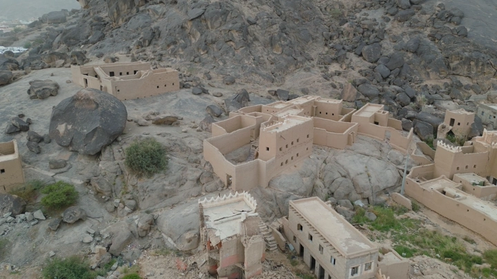 بيوت طينية تقليدية في نجران، لقطة جوية .
