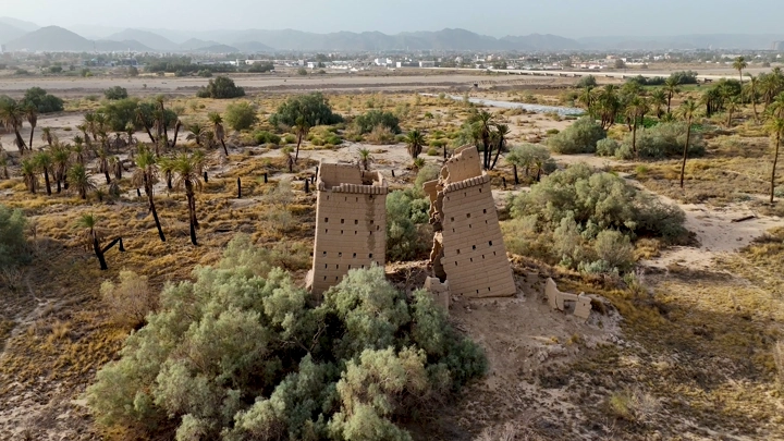 بيوت طينية في نجران محاطة بالنخيل، لقطة جوية.