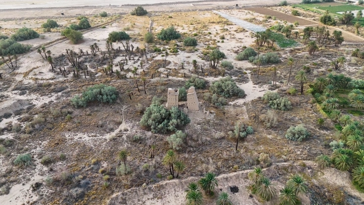 بيوت طينية في نجران محاطة بالنخيل، لقطة جوية.