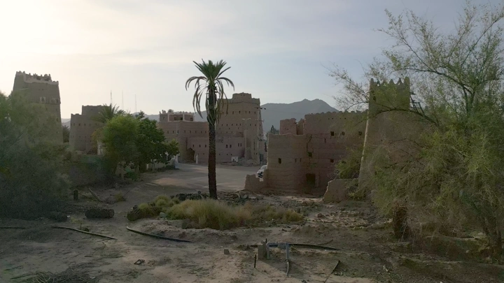 قرية تقليدية في نجران مع مباني طينية وأشجار نخيل، لقطة نهارية.