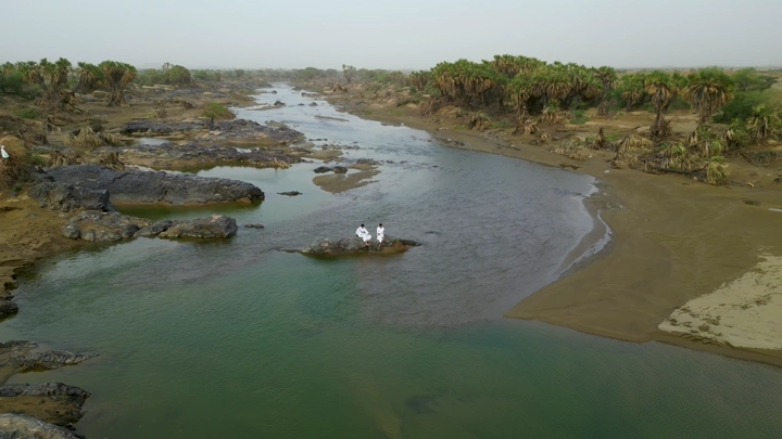 سيل في جيزان مع نخيل، لقطة جوية.