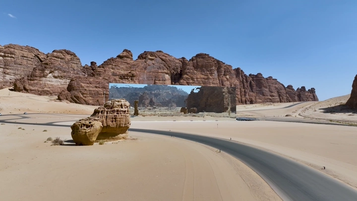 قاعة مرايا في العلا، تصوير جوي يظهر الصحراء والجبال.