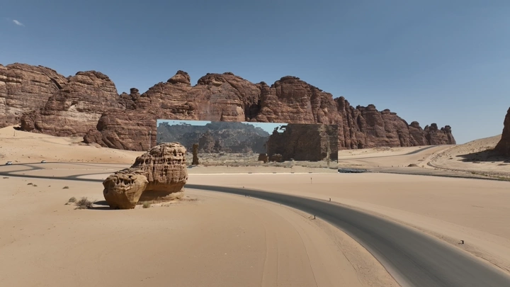 قاعة مرايا في العلا تحت السماء الزرقاء، لقطة درون.