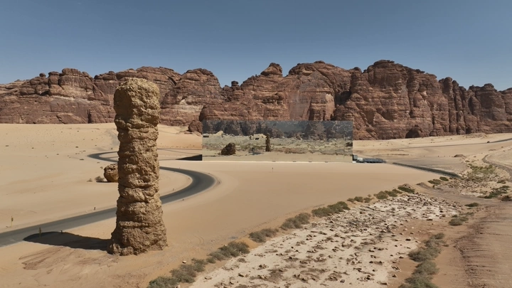 قاعة مرايا في العلا وسط الصحراء، لقطة درون.