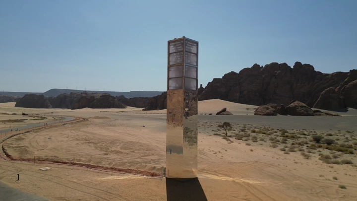 برج اتصالات بين جبال العلا في النهار، لقطة درون.