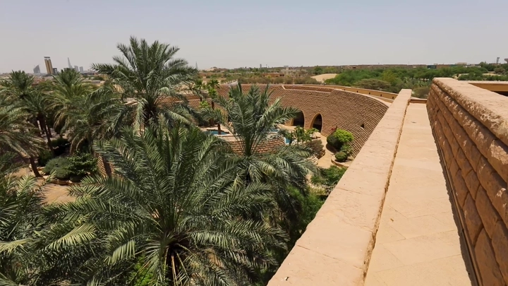 قصر طويق في الرياض محاط بالنخيل، لقطة من الأعلى.
