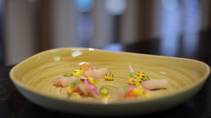 طبق فاخر في مطعم، تصوير قريب.