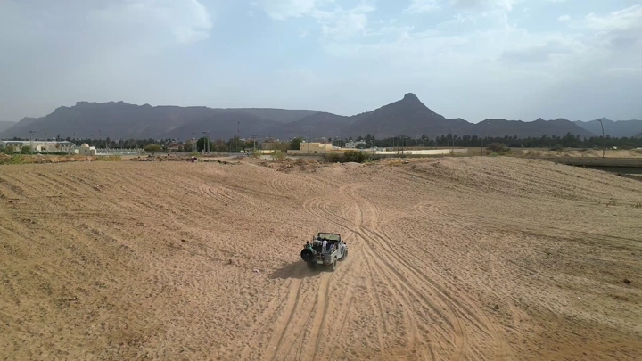 سيارة سفاري في الصحراء مع أطفال، لقطة جوية.