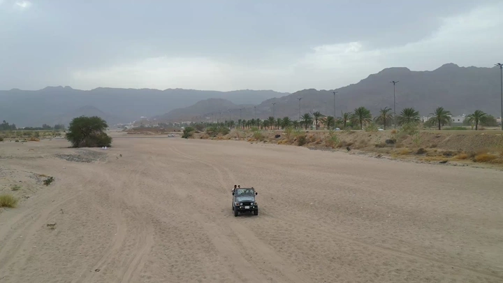 سيارة سفاري في الصحراء مع أطفال، لقطة جوية.