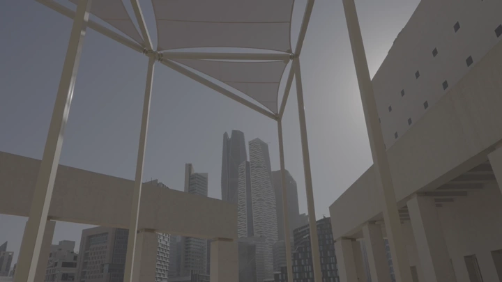 ناطحات سحاب في كافد الرياض تحت مظلة، لقطة من الأسفل.