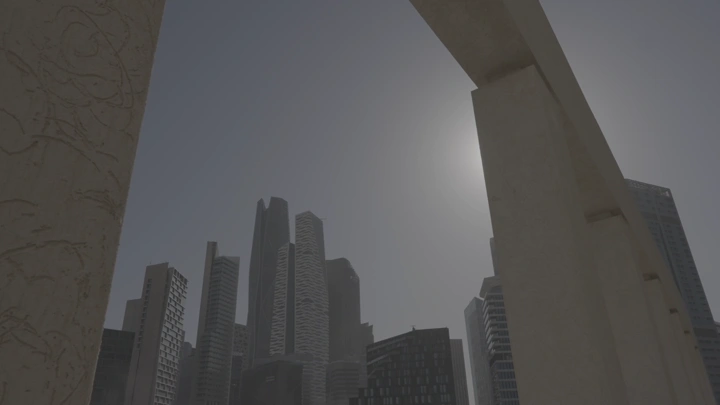 ناطحات سحاب في كافد الرياض تحت ضوء الشمس، لقطة من الأسفل.