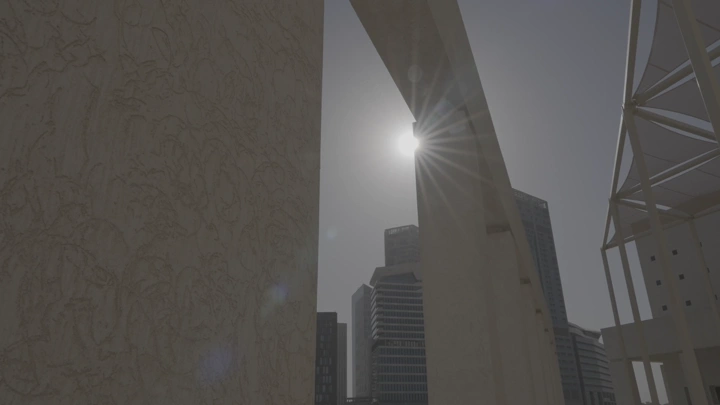 مشهد معماري في المدينة المالية بالرياض تحت أشعة الشمس، لقطة من الأسفل.