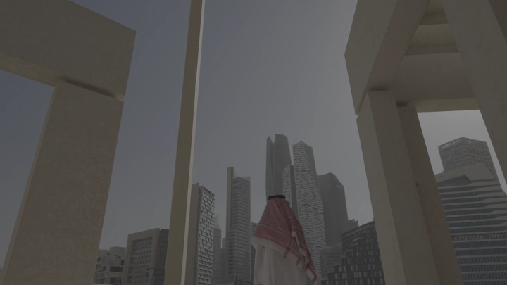 رجل ينظر إلى أبراج كافد في الرياض، لقطة من الخلف.