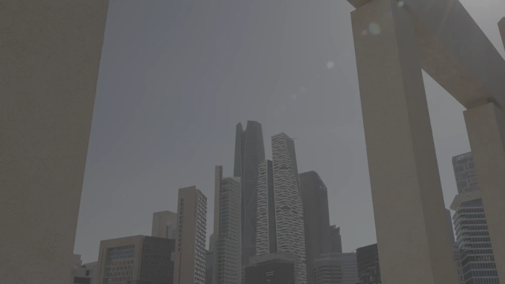 ناطحات سحاب في المدينة المالية بالرياض، لقطة من زاوية منخفضة.