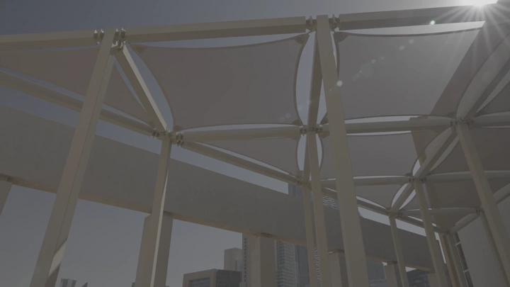 هيكل حديث في المدينة المالية بالرياض، لقطة من الأسفل.