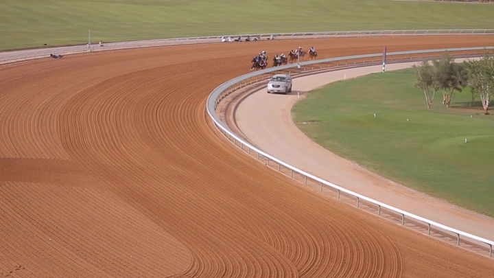 سباق خيل على مضمار رملي في يوم مشمس، لقطة جوية.