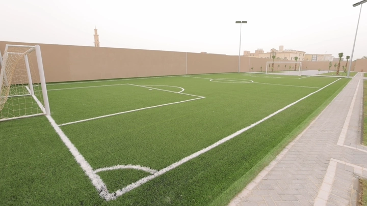 ملعب كرة قدم في الهواء الطلق، لقطة نهارية واسعة.