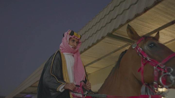 فارس عربي راكب حصانًا في الليل، لقطة قريبة.