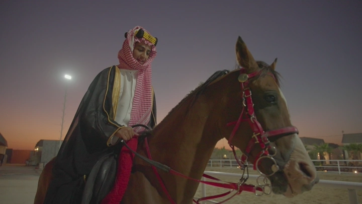 فارس عربي على حصان في المساء، لقطة قريبة.