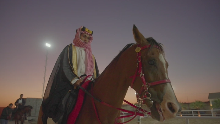 فارس يرتدي الزي التقليدي على حصان عند الغروب، لقطة قريبة.