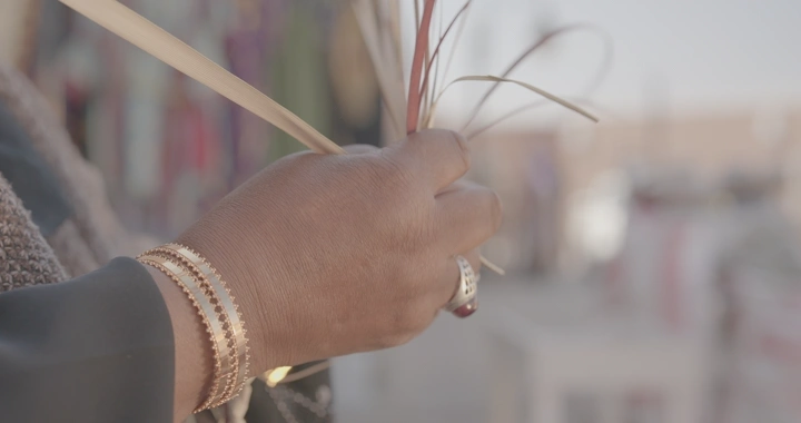 يد تمسك بخوص لصنع الحرف اليدوية، لقطة مقربة.