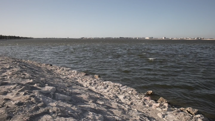 شاطئ صخري على بحر القطيف في يوم مشمس، لقطة بانورامية.