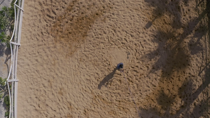 شخص في مربط خيل من الأعلى، لقطة جوية.