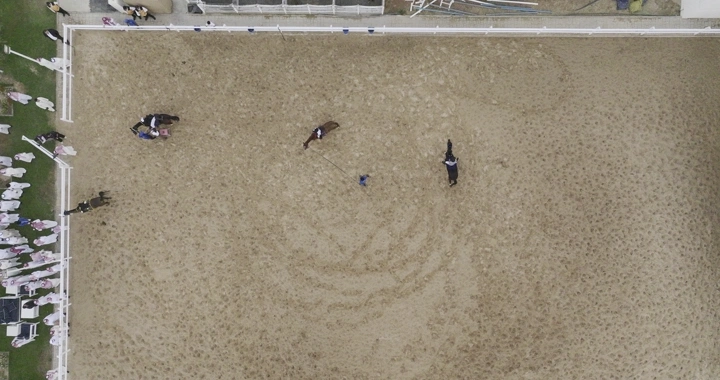 ساحة تدريب خيول من الأعلى، لقطة جوية.