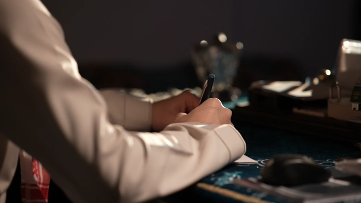 شخص يكتب على مكتب في إضاءة خافتة، لقطة مقربة.